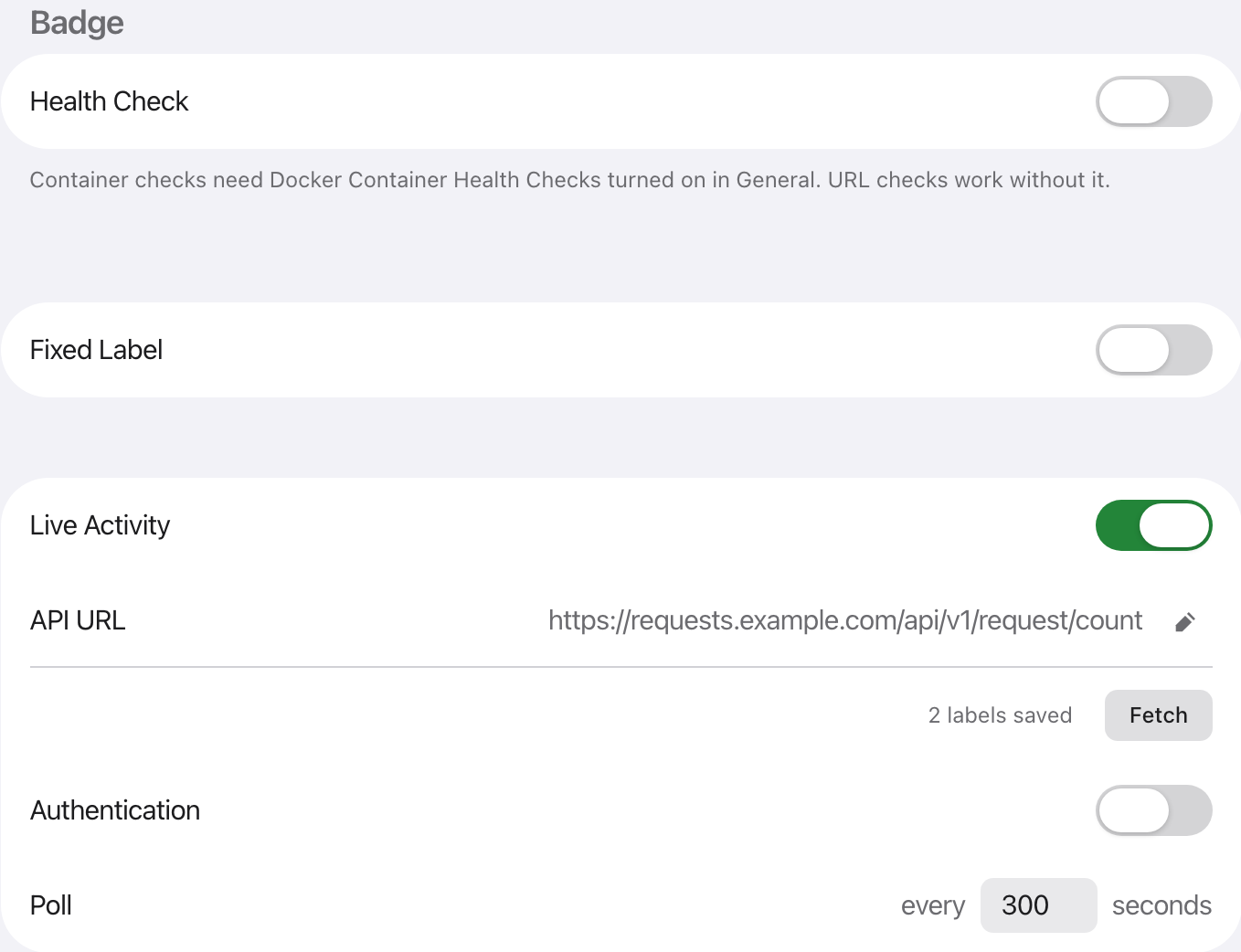 The Badge section of an app: Health Check, Fixed Label and Live Activity