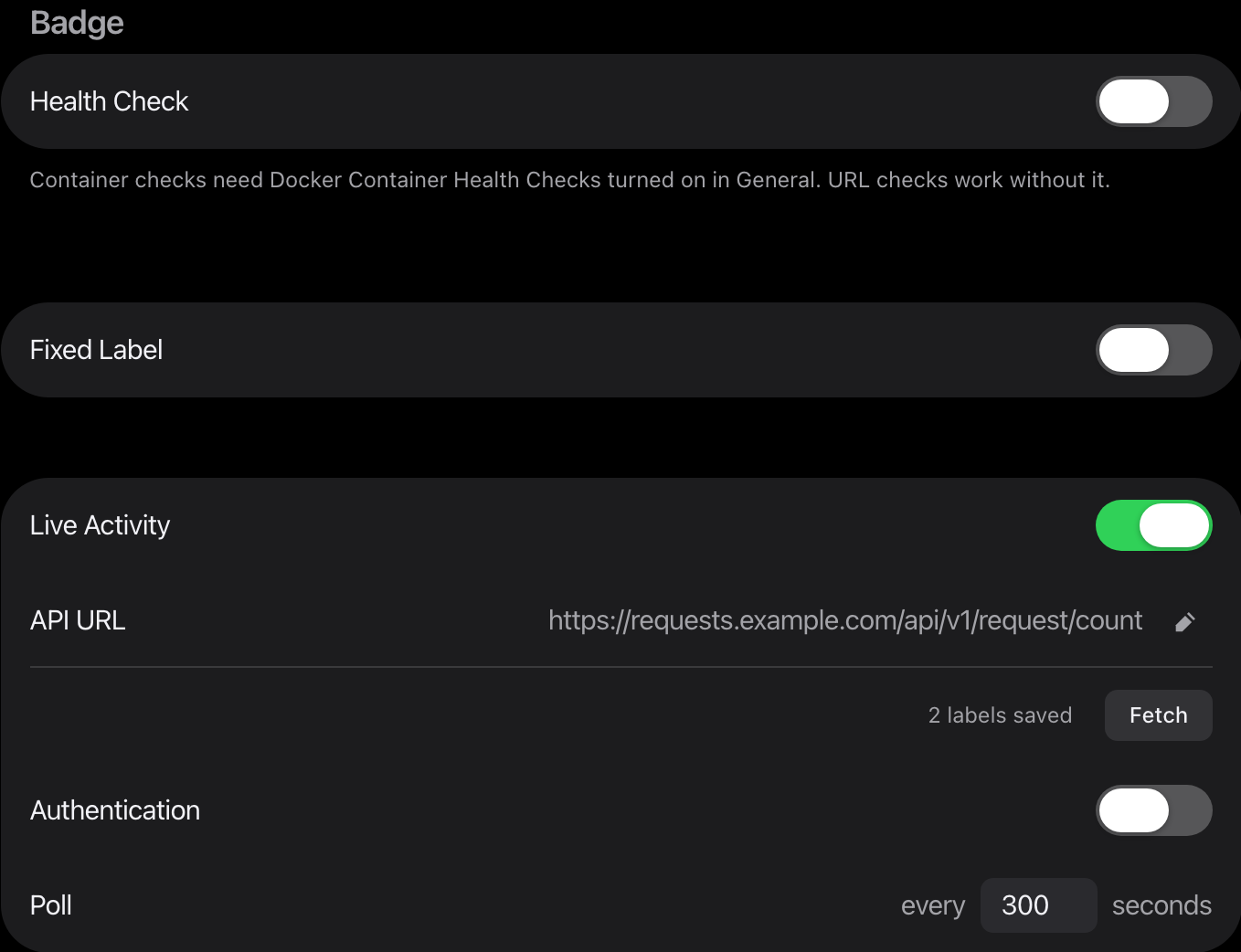 The Badge section of an app: Health Check, Fixed Label and Live Activity