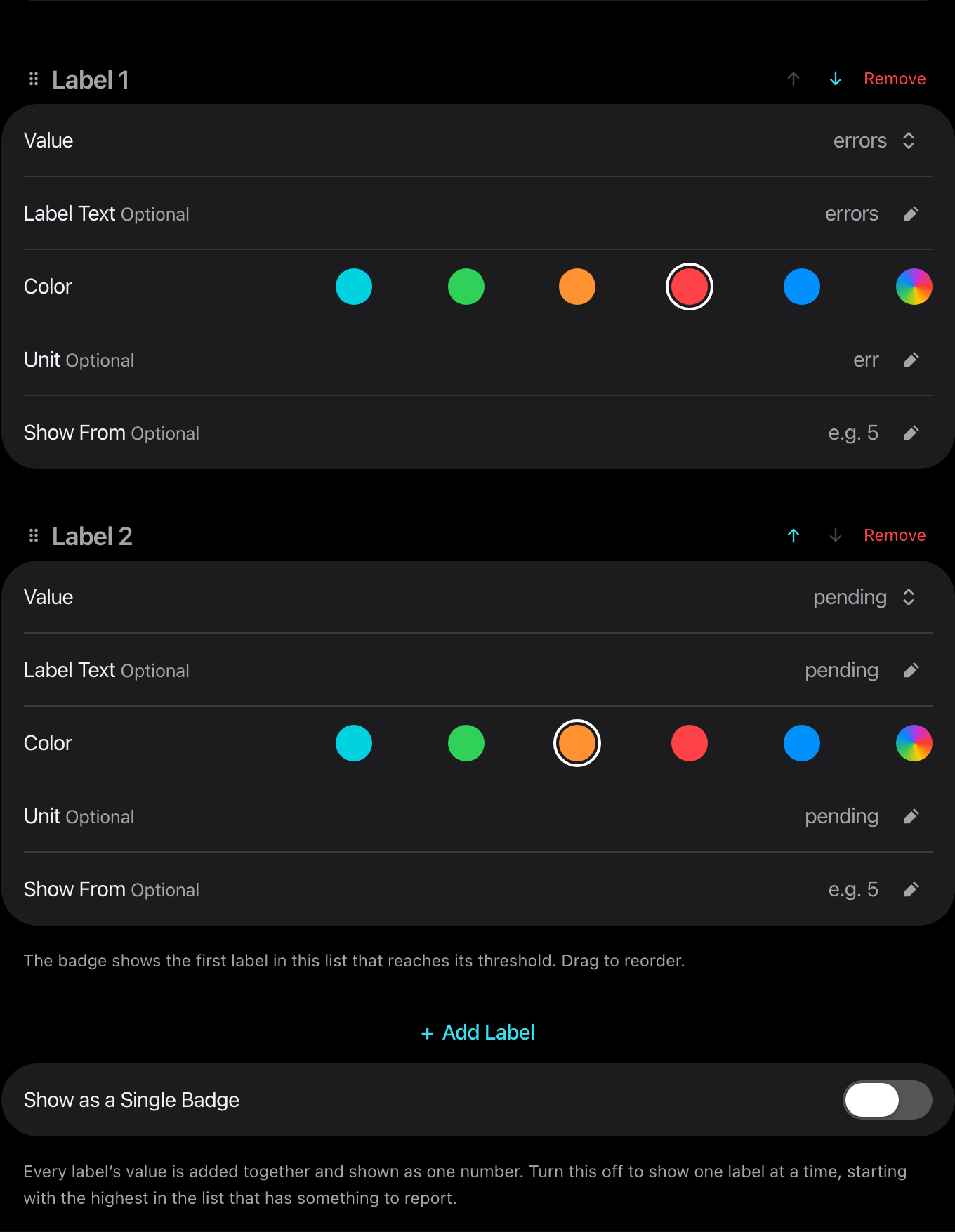 Two labels, each with Value, Label Text, Color, Unit and Show From